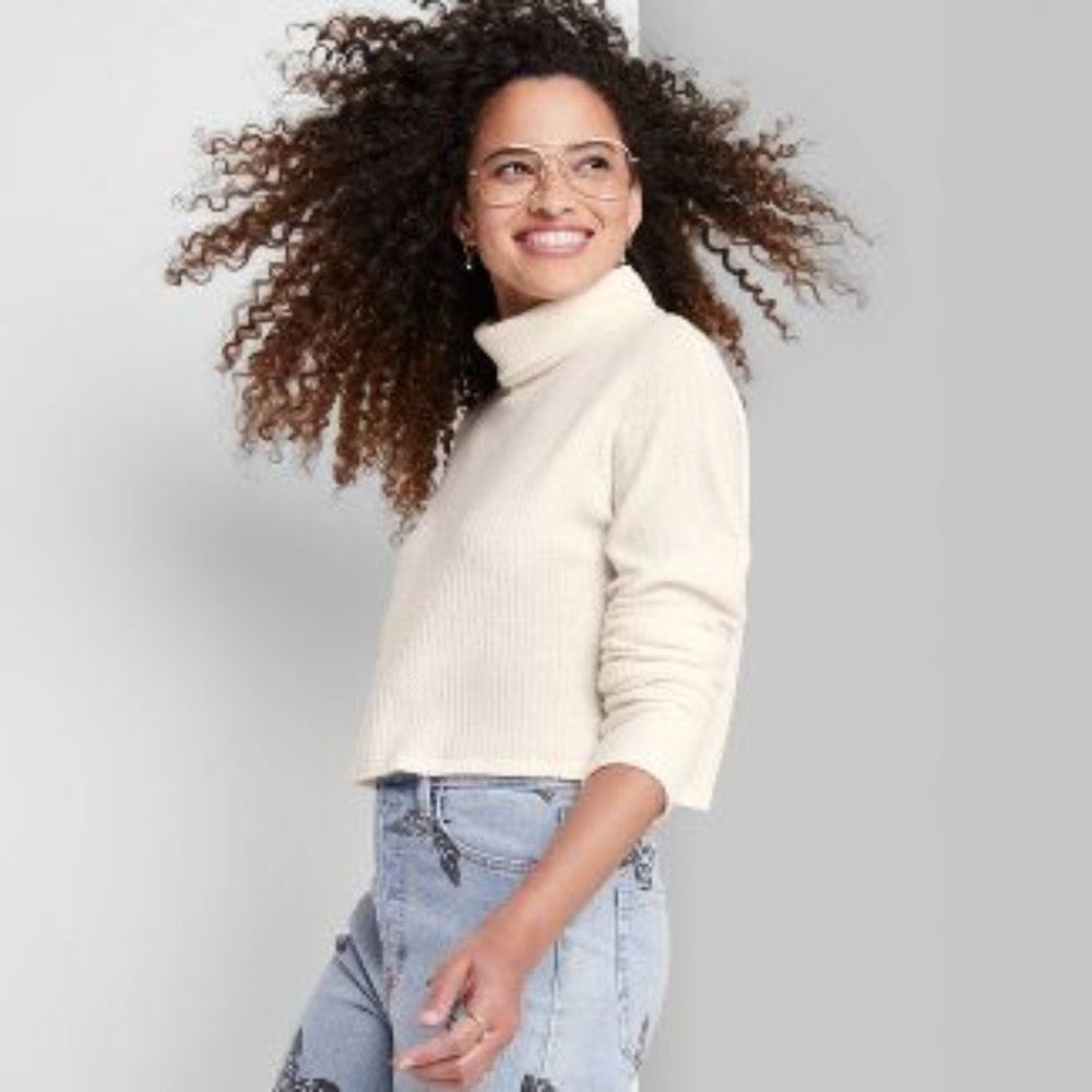 Women's Long Sleeve Turtleneck Cozy Boxy Cropped T-Shirt - Wild Fable